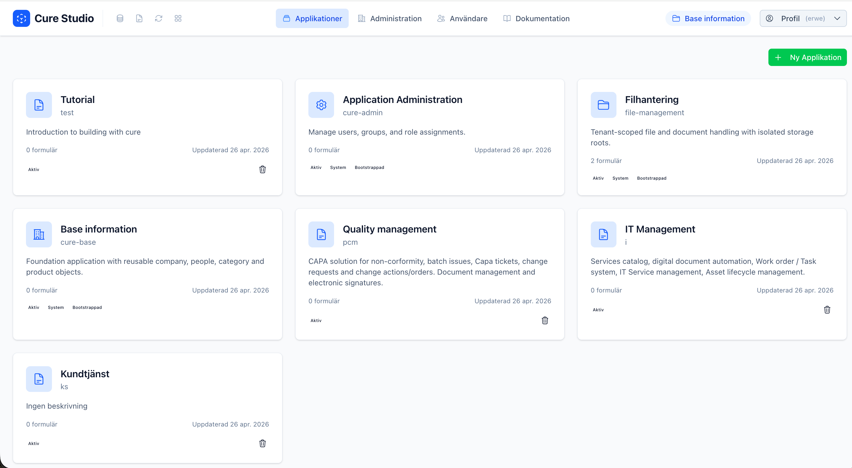 Applikationsöversikten i Cure Studio
